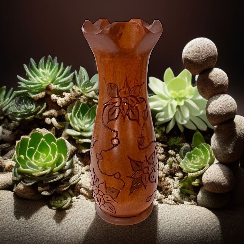 Vintage Etched Floral Wooden Vase Bohemian Hand‎ Turned Carved Cottage Garden